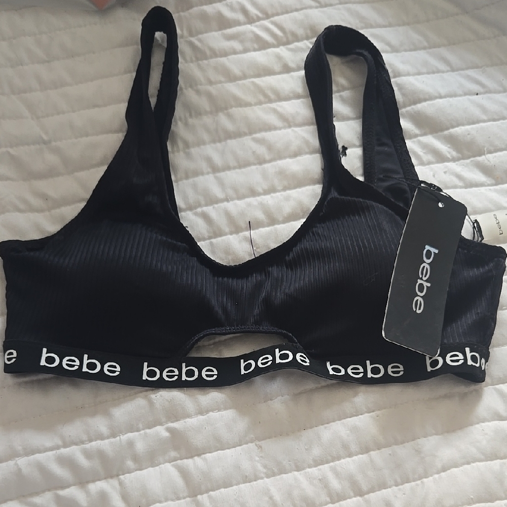 Bebe Black Ribbed Bra with Logo Band